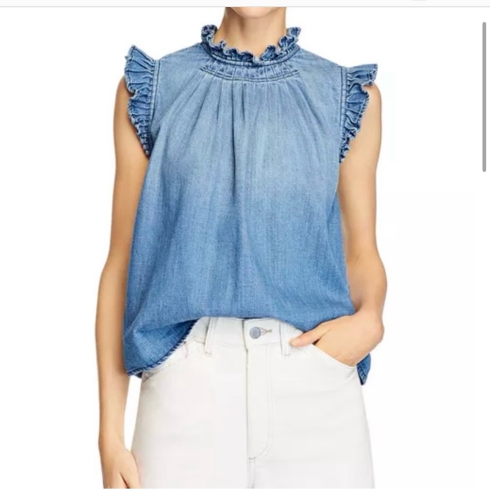 NEW Frame Joanie sleeveless Denim Blue Ruffle Blouse size Small